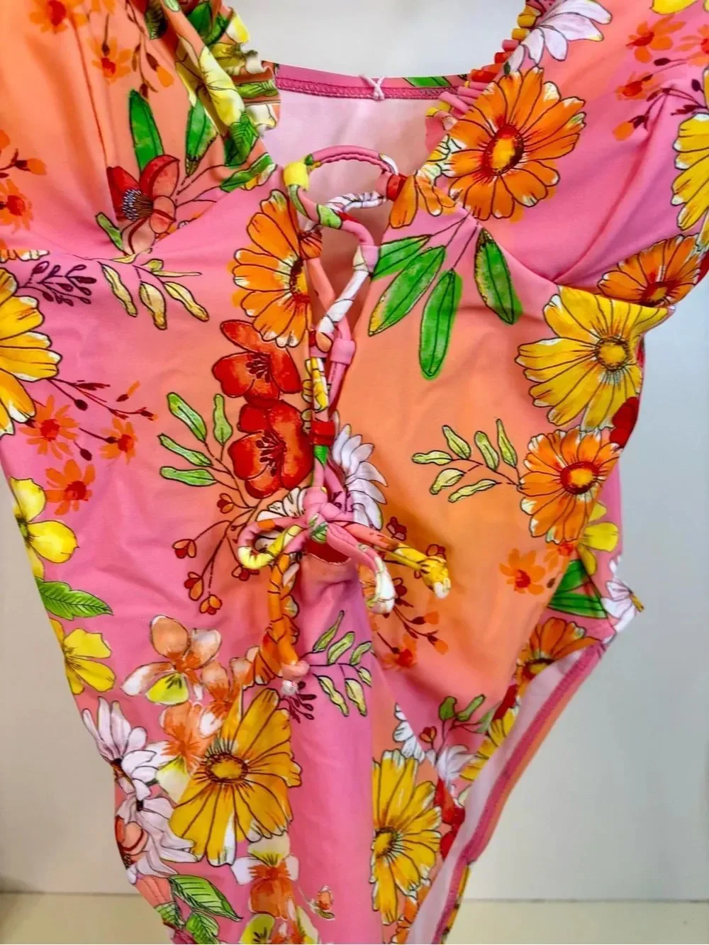 New with Tags Floral Tie-Front One-Piece Swimsuit - Pink & Orange